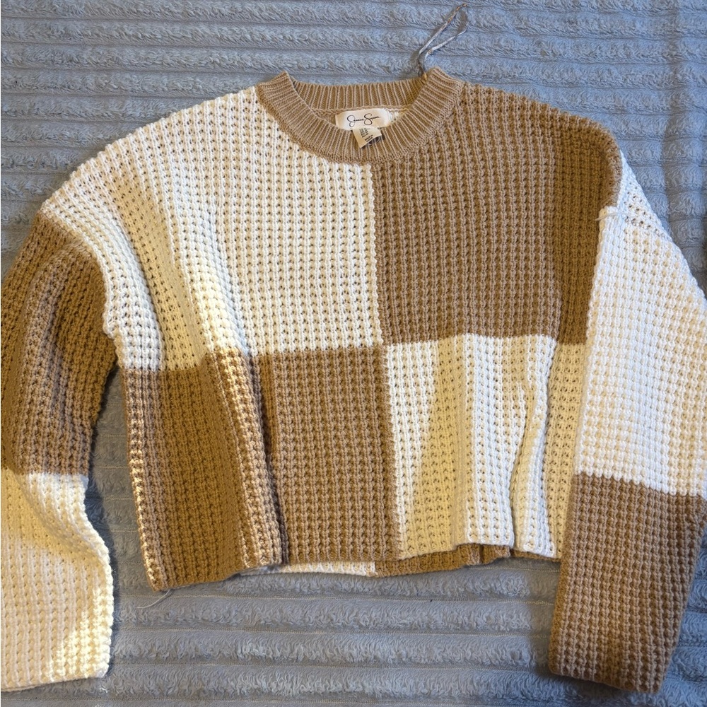 Jessica Simpson Cream and Brown Patchwork Sweater
